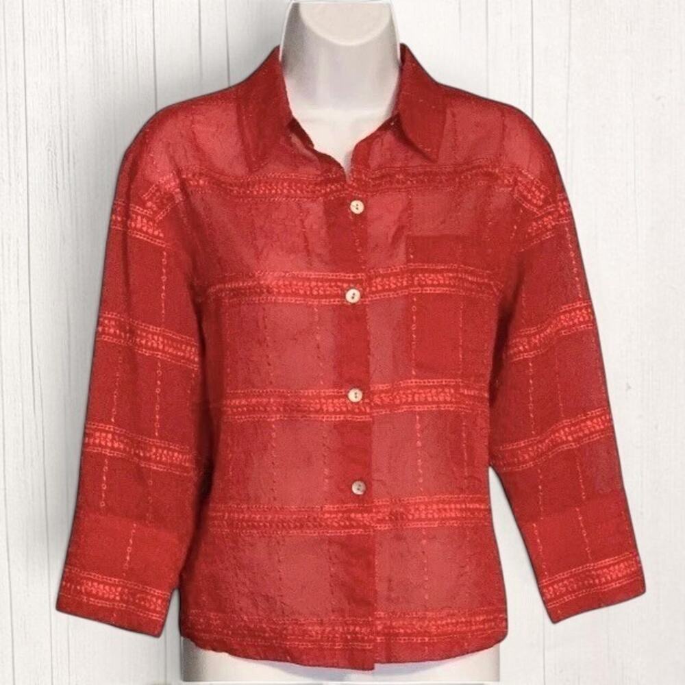 Vintage 90s Chico's Design Blouse Sz S M Red Embroidered Artsy Boho Button Shirt